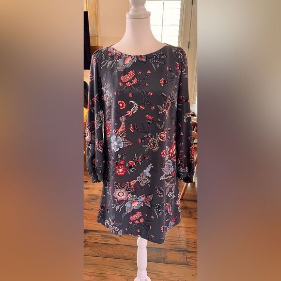 Floral Boho Shift Dress Gray Red Blue Long Sleeve Puff Sleeve Retro 4P Mini - Picture 3 of 8